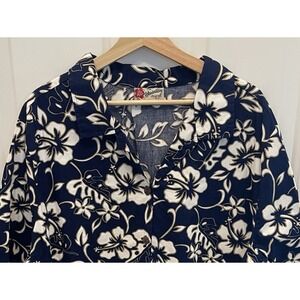 Hilo Hattie Blue White‎ Hibiscus Hawaiian Button Front Shirt Mens 2X Tropical